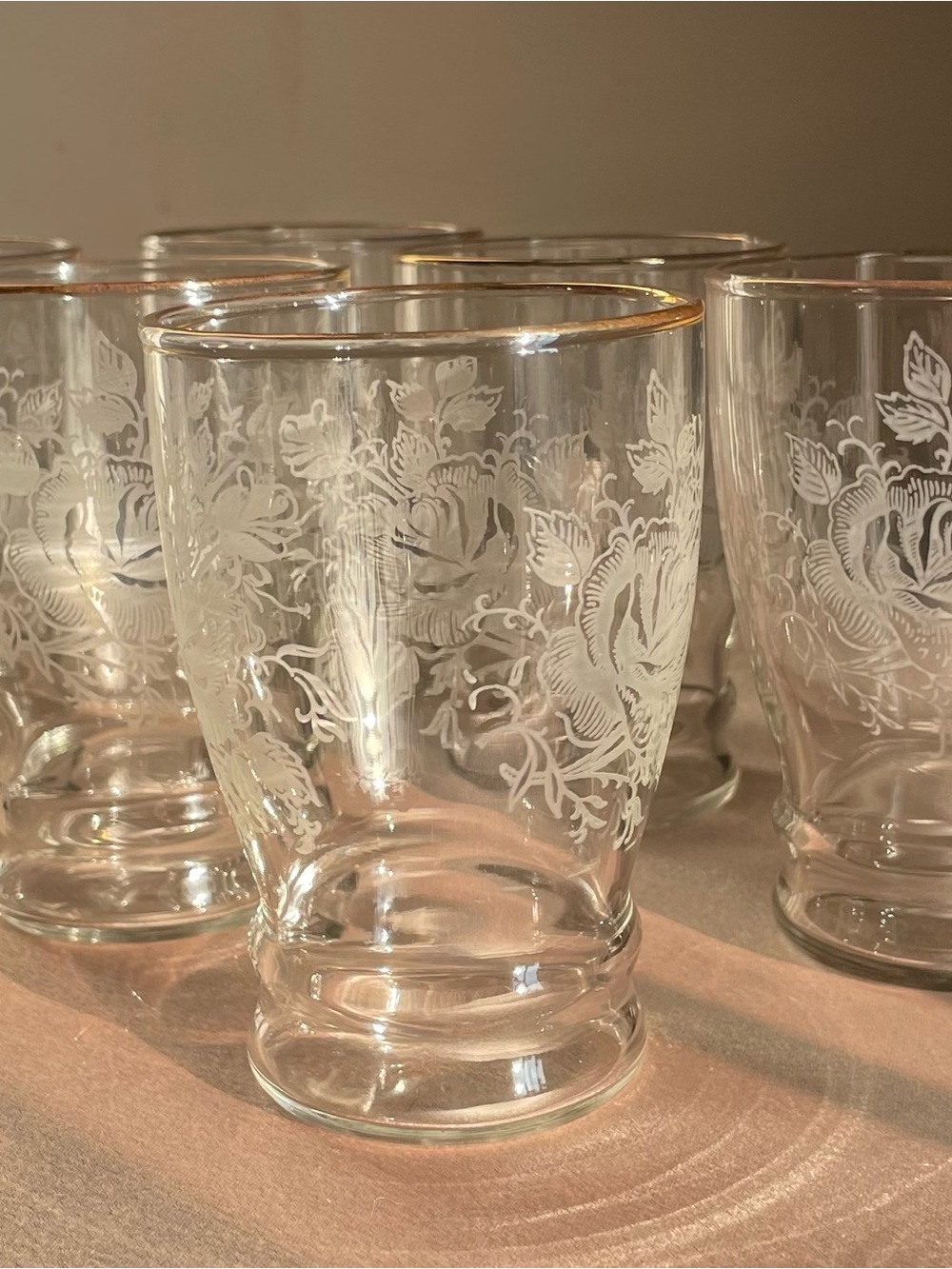 Vintage Etched Glass Tumbler with Gold Rim - Clear